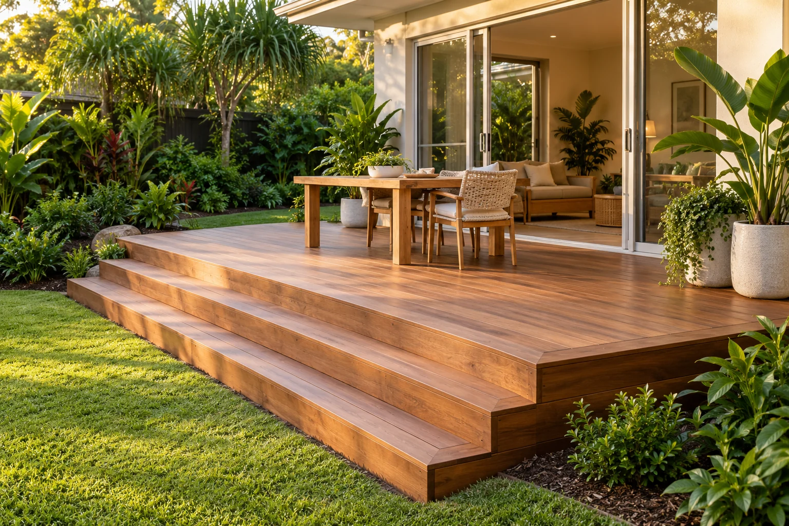 AI-generated concept of a timber backyard deck with broad steps, outdoor dining and a garden