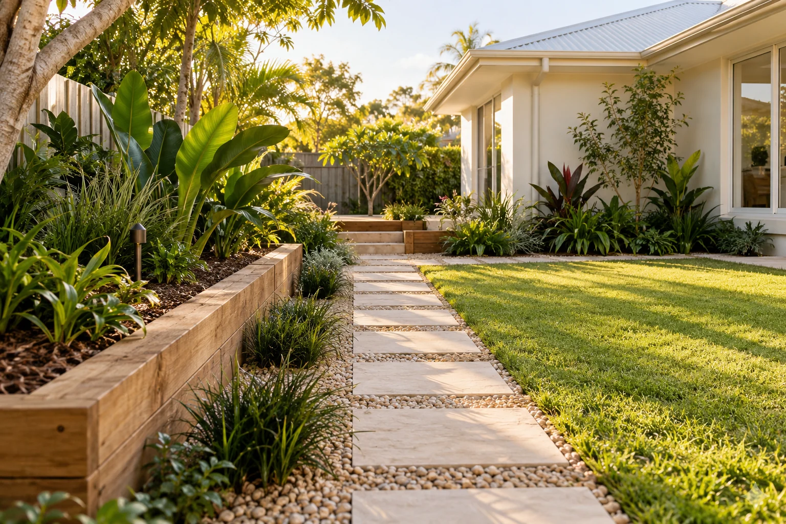 AI-generated concept of a landscaped backyard with stepping stones, timber garden beds and lawn