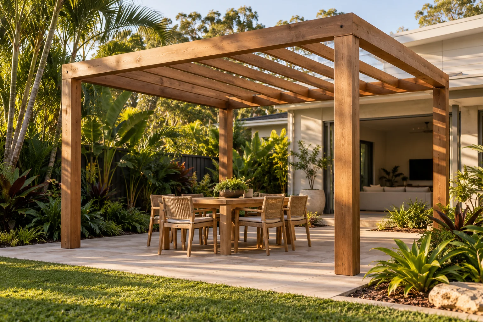 AI-generated concept of an open timber pergola over an outdoor dining area